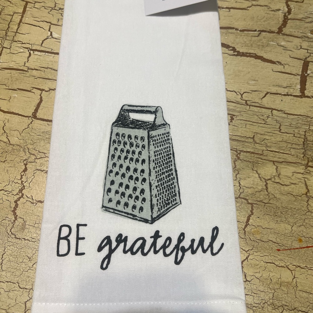 Be Grateful Kitchen Towel with Grater Graphic - White & Black